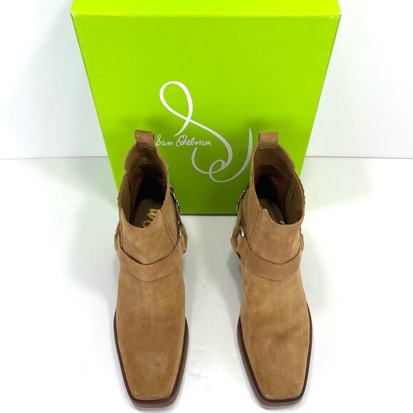 Sam Edelman Bellamie Women Camel/Tan Western Ankle Boot Sz 7.5 Suede Harness New - Picture 4 of 15